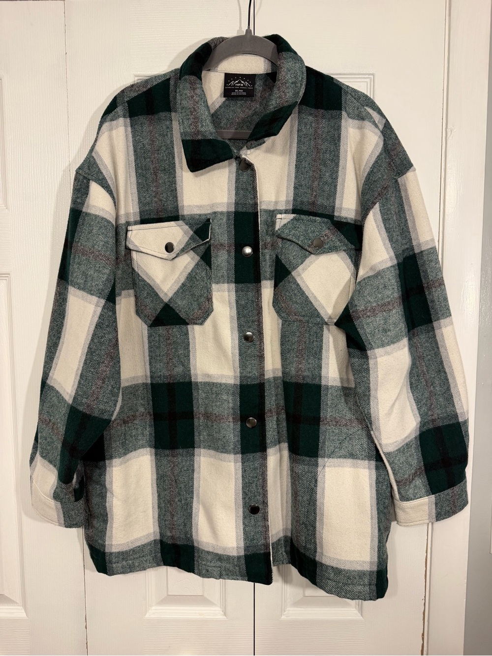 HFX Plaid Shacket XL Green Cream
